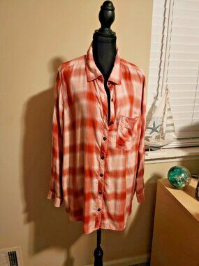 Terra Sky Womens 1X Rust Plaid Button Up Shirt Collared Grunge Country Western